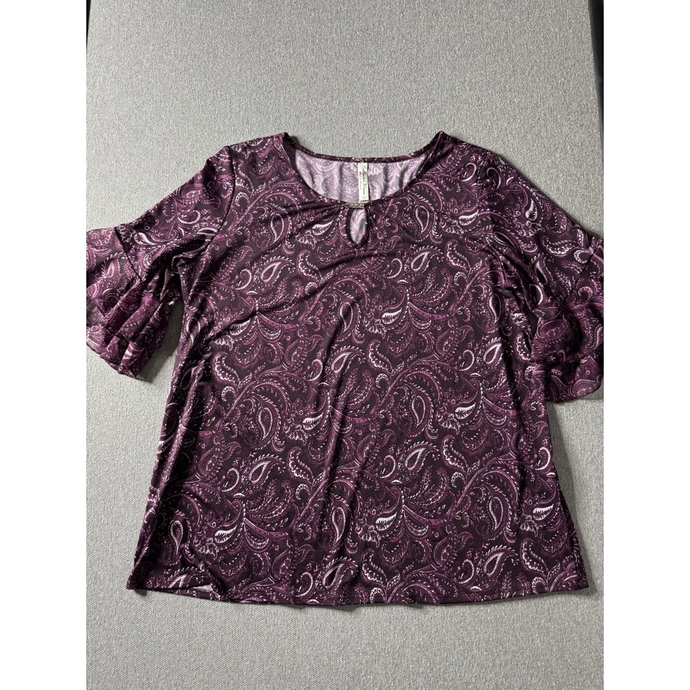 Perception Women Purple And White Paisley Bell Sleeve 3/4"Blouse 1X Gold Metal